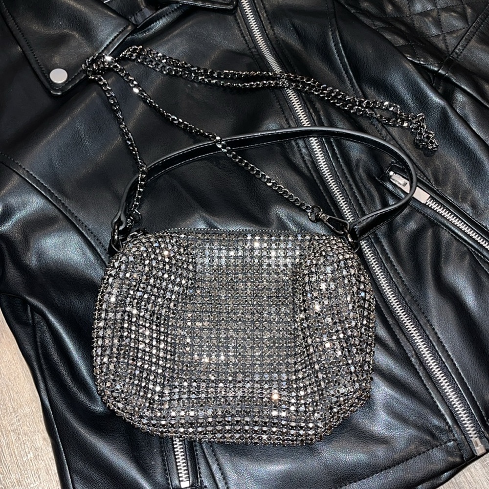 Madison West Rhinestone Gemstone Mini Hand and Crossbody Purse Bag Black